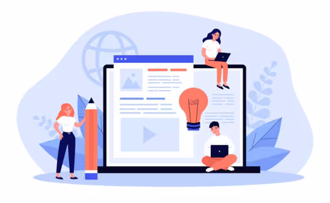 An illustration depicting a content team working together to brainstorm and create blog content.